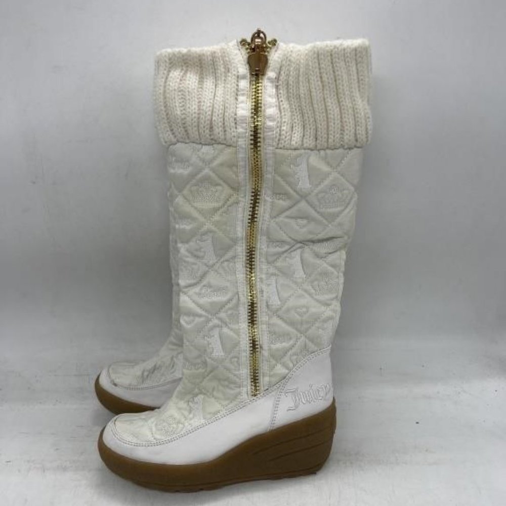 Juicy Couture SNOWSTAR Women Quilted Nylon Boots Wedge Cream White Y2K